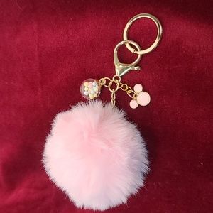 Mouse themed purse charm or keyring, pink with 3 in puff ball goldtone